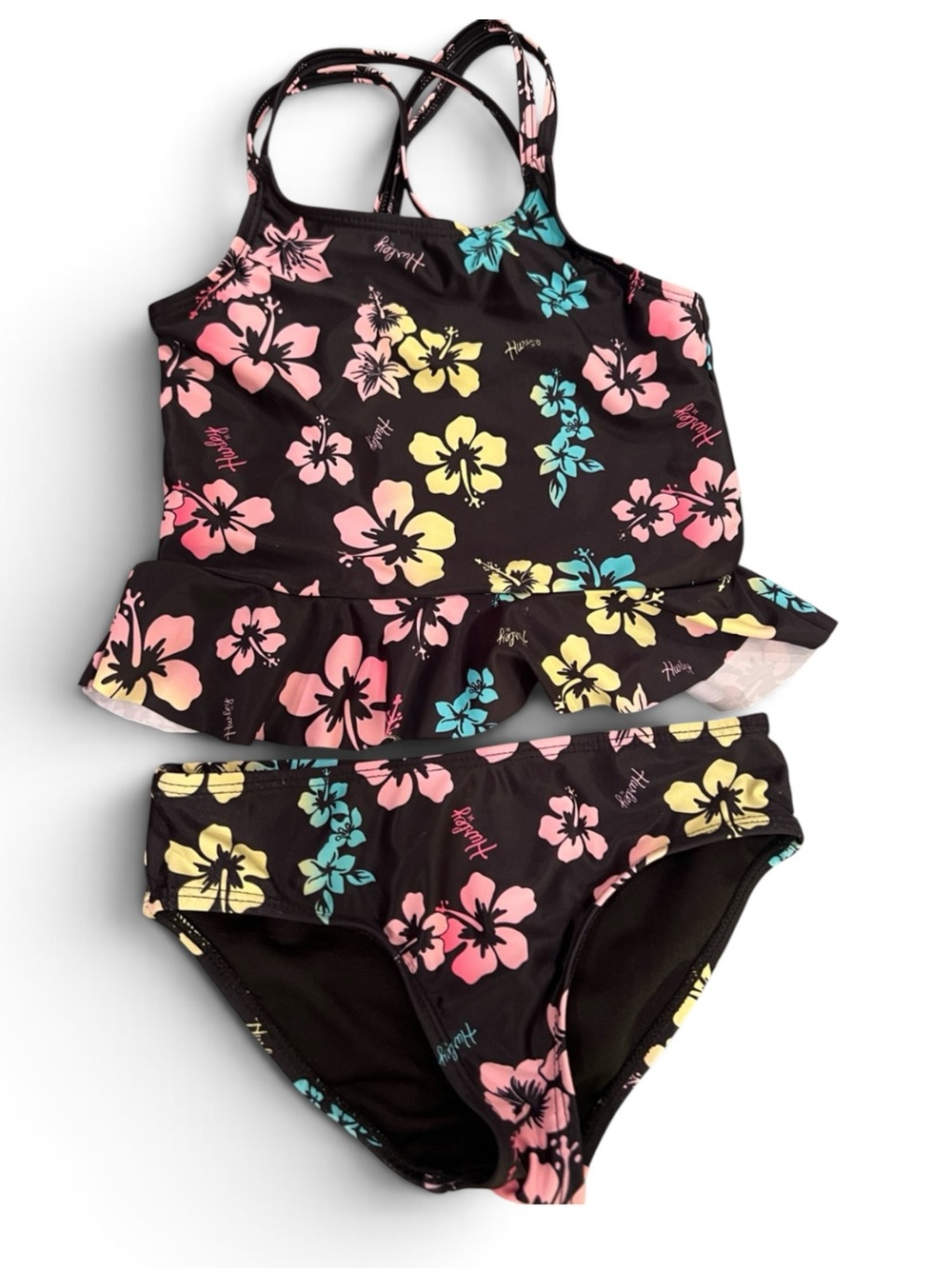 Hurley Girls Size 5/6 Black Neon Hawaiian Hibiscus Floral Ruffle Tankini Set